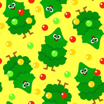 sin costura modelo de sonriente Navidad árbol caracteres con nuevo años juguetes en un amarillo antecedentes vector