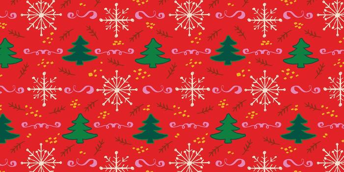 Hand Drawn Pattern with Christmas Trees, Snowflakes, and Calligraphy Ornaments. Winter holiday background with playful sketch texture. Festive doodle design with pine trees, swirls, and sparkling vector