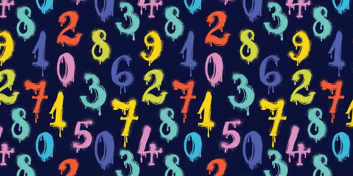 Abstract Graffiti Pattern with Numbers. Hand drawn spray paint digits with grunge splatter texture. Colorful street art design with dripping stencil ink, bold urban background, vibrant retro print vector