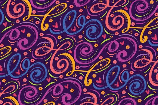Multicolored Grunge Playful Pattern with Swirls, Curves, Ornaments and Abstract Lines Isolated on Dark Background. Colorful background with artistic hand drawn elements perfect for cards, print vector