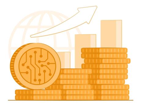 Stack of Digital Coin Asset with Rising Growth Financial Bar Chart for Online Investment in Cryptocurrency and Block Chain Industry Concept Illustration Clip Art vector