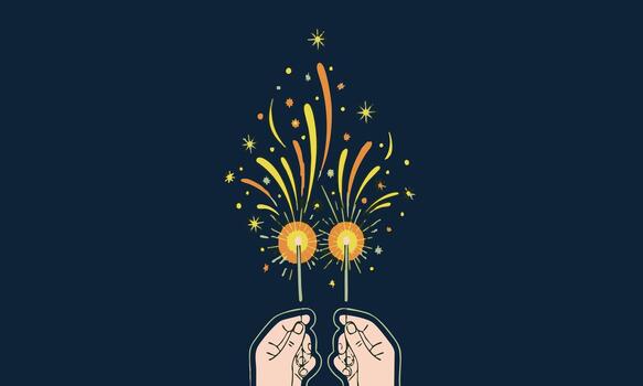 Joyful hands illuminate the night with sparkling fireworks, creating a festive atmosphere of celebration vector