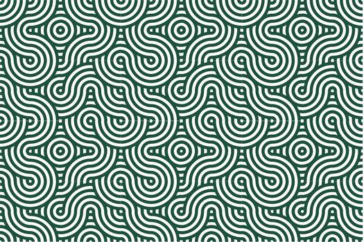 Seamless abstract geometric pattern with dark green interlocking circles and wavy lines creating a decorative background vector