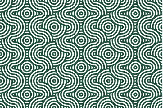 Seamless geometric abstract pattern with intertwining green circles and S-curves for elegant background designs vector