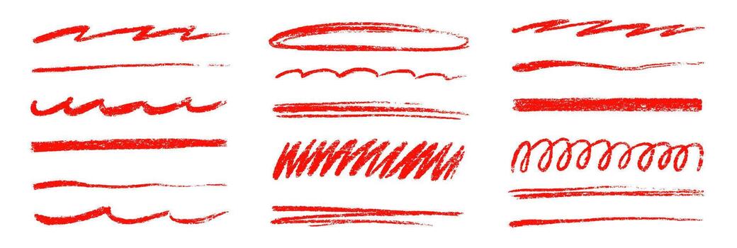 Red pencil line brush stroke set. Hand drawn underline, cross mark, and crayon scribbles for text highlight and grunge. Doodle sketch element for red chalk pencil underline design. vector