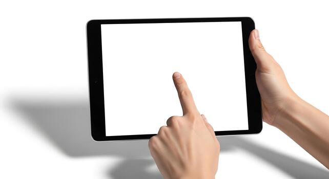 Hands using tablet computer with empty screen, technology for leisure and work photo