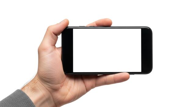 A close-up view of a person's hand horizontally holding a sleek black smartphone with a blank white screen, offering a versatile template for app display, content mock-ups, or digital advertisements photo