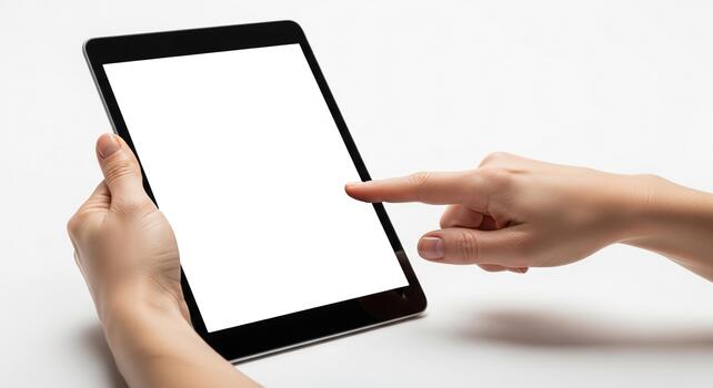 Hands Interacting with a Tablet A Close-Up Perspective on Digital Interaction and Display photo