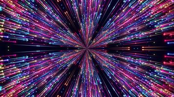 abstrakt digital bakgrund med lysande neon partiklar och flygande rader. en rör på sig ström av lysande ljus strålar. sömlös cyklisk abstrakt bakgrund. video