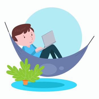 A man relaxes in a hammock while working on his laptop. This illustrates a serene and relaxed work style. vector