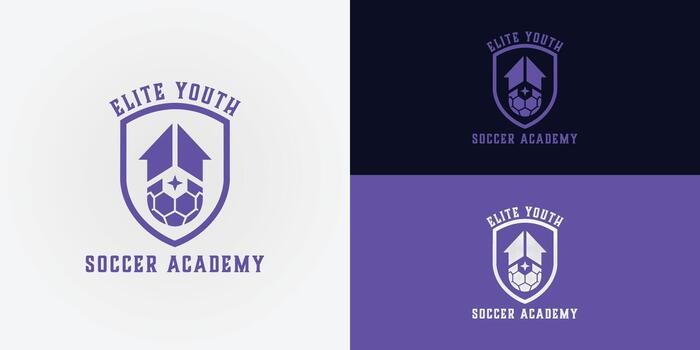 The logo features a shield that represents protection and elite status. Inside the shield are two upward arrows that converge over a soccer ball, symbolizing growth, aspiration, and forward movement. vector