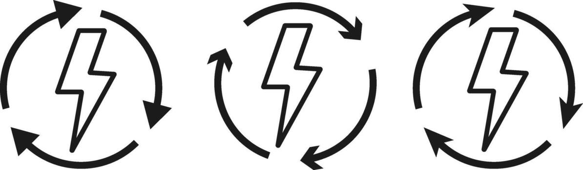 Lightning Bolt and Circular Arrow Icon Set. Energy Refresh and System Update symbol. Power Efficiency Symbol sign. Digital Power Loop and Electric Renewal symbol. Fast Reload and Quick Charge sign vector