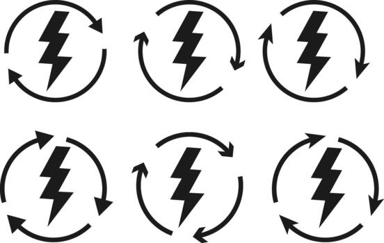 Lightning Bolt and Circular Arrow Icon Set. Energy Refresh and System Update Symbol for Power Efficiency Indicator, Electric Renewal and Quick Charging Icons vector