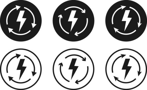 Lightning Bolt and Circular Arrow Icon Set. Energy Refresh and System Update Symbol for System Recovery Loop, Fast Electricity Boost and Power Renewal Sign vector