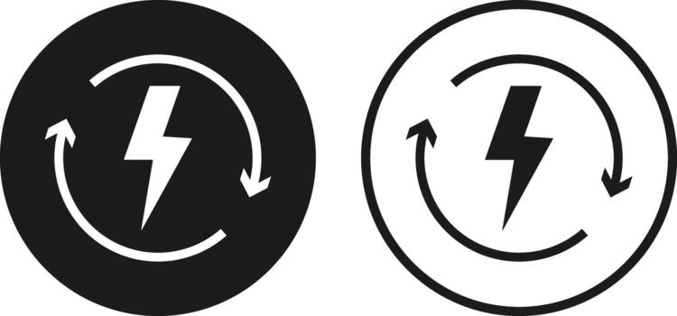 Lightning Bolt and Circular Arrow Icon Set. Energy Refresh and System Update symbol. Power Efficiency Symbol sign. Digital Power Loop and Electric Renewal symbol. Fast Reload and Quick Charge signs. vector