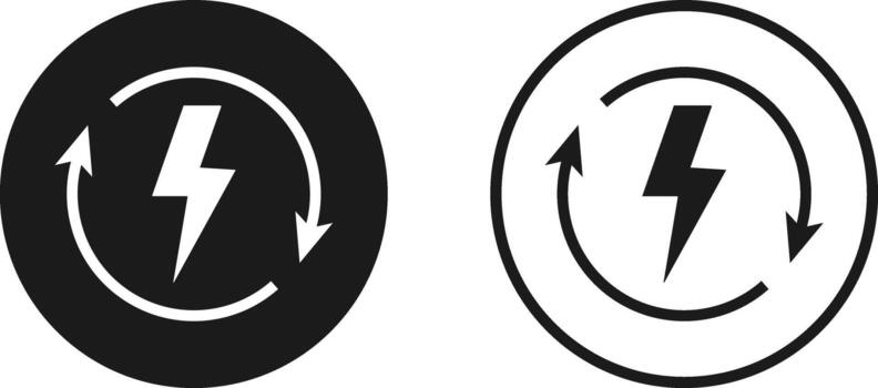 Lightning Bolt and Circular Arrow Icon Set. Energy Refresh and System Update Symbol for System Recovery Loop, Fast Electricity Boost and Power Renewal Signs. vector