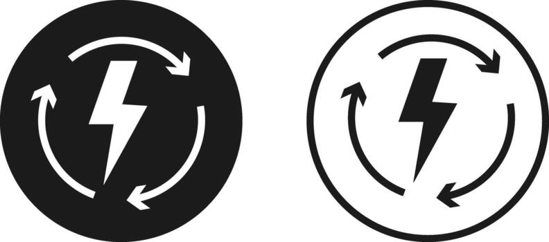 Lightning Bolt and Circular Arrow Icon Set. Energy Refresh and System Update symbol. Power Efficiency Symbol sign. Digital Power Loop and Electric Renewal symbol. Fast Reload and Quick Charge sign. vector
