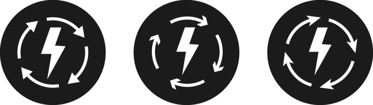 Lightning Bolt and Circular Arrow Icon Set. Energy Refresh and System Update Symbol for Power Reload Cycle, Digital Energy Boost and Quick Charge Loop Icons vector
