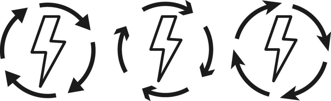 Lightning Bolt and Circular Arrow Icon Set. Energy Refresh and System Update Symbol for System Recovery Loop, Fast Electricity Boost and Power Renewal Signs vector