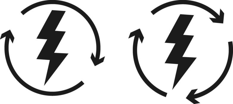 Lightning Bolt and Circular Arrow Icons Set. Energy Refresh and System Update Symbol for Fast Reload and Quick Charge Signs in Digital Power Renewal vector