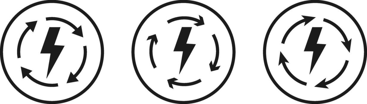 Lightning Bolt and Circular Arrow Icon Set. Energy Refresh and System Update Symbol for System Recovery Loop, Fast Electricity Boost and Power Renewal Sign. vector