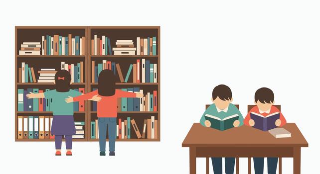 Children enjoy reading books and exercising near a large bookshelf. vector