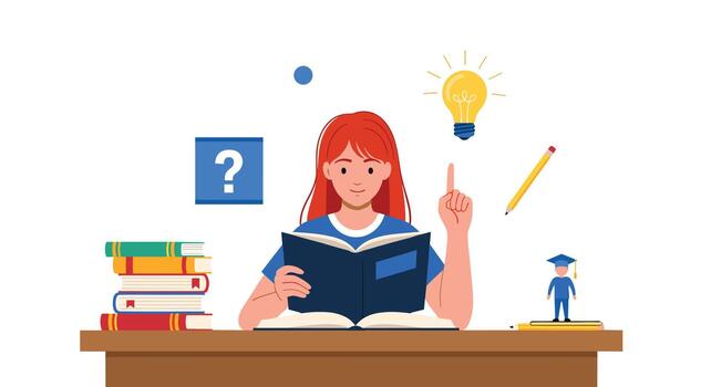 A student contemplates a complex question during a study session with books and a lightbulb symbolizing insight. vector