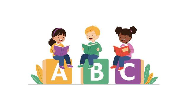 Three diverse children happily reading books while sitting on alphabet blocks. vector