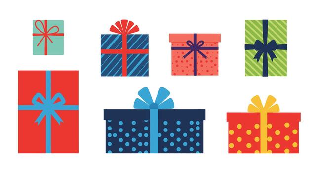 A collection of beautifully wrapped gift boxes with colorful ribbons and festive patterns arranged in a grid. vector