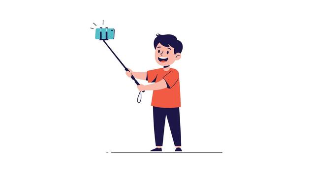 A cheerful young person is taking a selfie with a stick and a camera in a simple drawing. vector