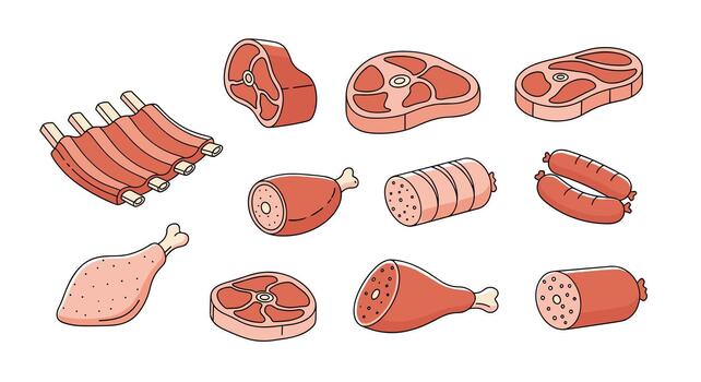 A collection of various raw meat cuts and processed meats are displayed against a white background. vector