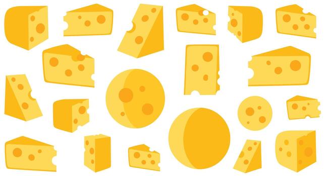 A delicious assortment of various cheese cuts and shapes including wedges rounds and blocks displayed on a white background. vector