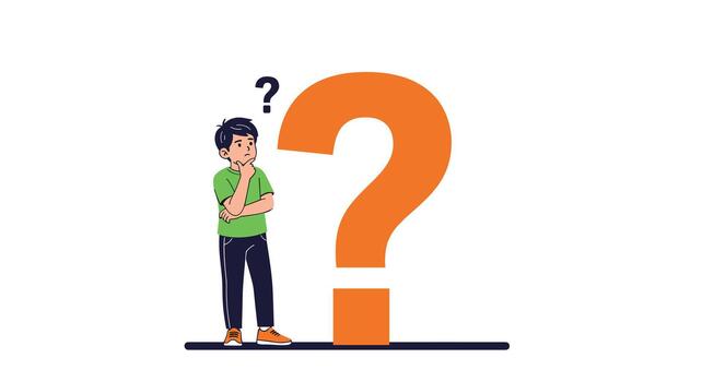 A young person stands next to a large question mark with a curious expression. vector