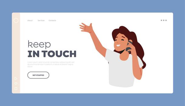 Mobile Connection, Communication Concept Landing Page Template. Happy Little Girl Talking with Friend via Smartphone vector