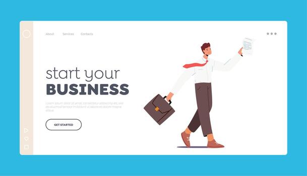 Star your Business Landing Page Template. Man Walk in Formal Suit with Briefcase and Document in Hands, Manager, Clerk vector