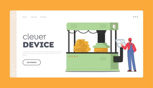 Clever Device Landing Page Template. Worker Control Machine On Manufacture, Factory Production Process, Industry vector