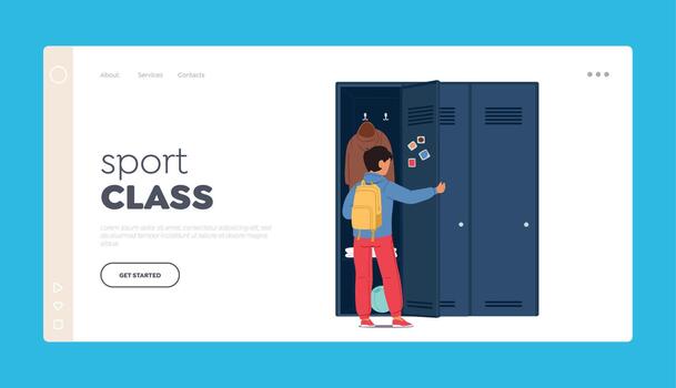 Sport Class Landing Page Template. Little Boy Standing near the Locker Rear View. Schoolboy Character Open Door vector