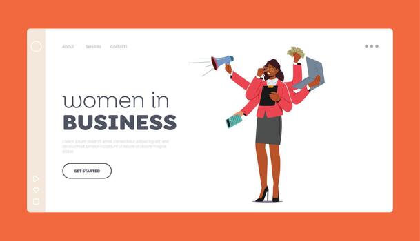 Personal Productivity Landing Page Template. Effective Business Woman Managing Multiple Tasks. Multitasking, Management vector
