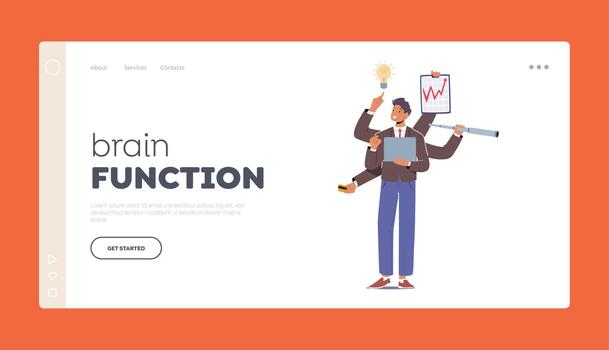 Brain Function Landing Page Template. Businessman With Many Arms Holding Office Supplies and Doing Many Tasks vector