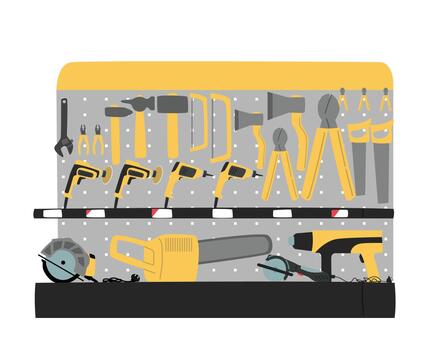 Hardware Shop Shelf with Different Tools and Instruments Axes, Hammers, Drills, Electric Saw for Household, Carpentry vector