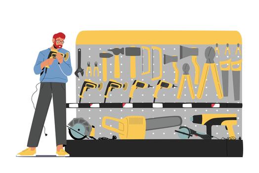 Male Character Choose Tools and Instruments in Hardware Shop. Man Looking for Devices for Fixing, Carpentry, Renovation vector