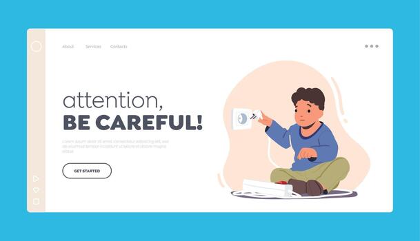 Hazard Attention Landing Page Template. Kid In Dangerous Situation, Child Play With Electricity Turn on Plug in Socket vector