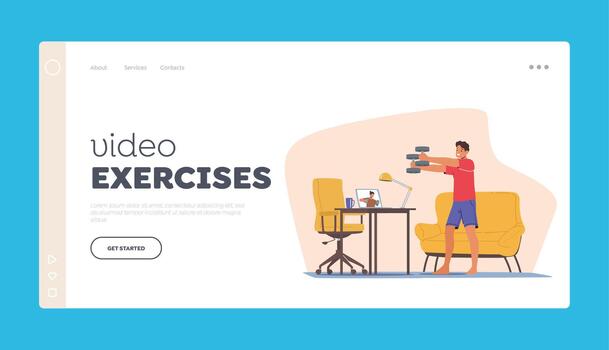 Exercises Landing Page Template. Man Training with Dumbbell Watching Sport Tutorial on Laptop vector
