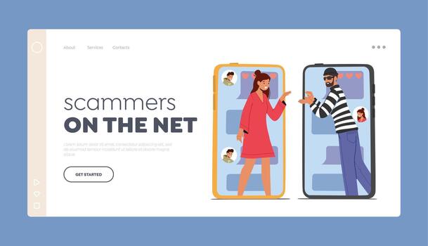 Scammers on the Net Landing Page Template. Female Character In Danger Internet Relationships. Dangerous Acquaintance vector
