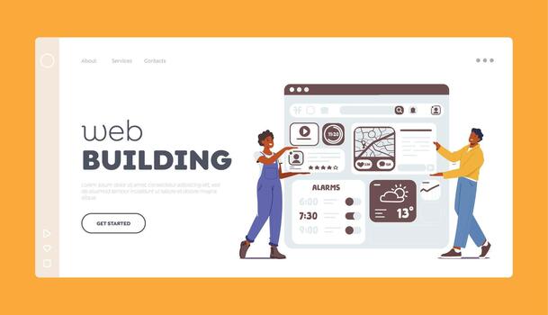web edificio aterrizaje página modelo. ui o ux diseñadores equipo compartiendo ideas y colaborando en interfaz diseño vector