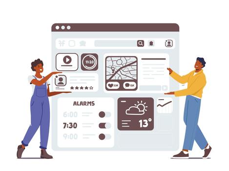 ui o ux diseñadores equipo compartiendo ideas y colaborando en diseño de usuario interfaz en móvil dispositivo ilustración vector