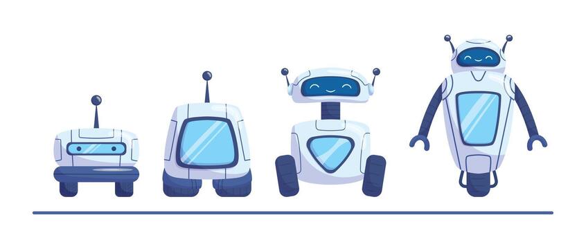 robots tecnológico evolución desde primitivo con ruedas droide a humanoide cyborg artificial inteligencia Progreso vector