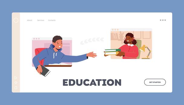 E-learning, Online Education Landing Page Template. Computer Monitors with Classmates Share Textbooks Kids Via Internet vector