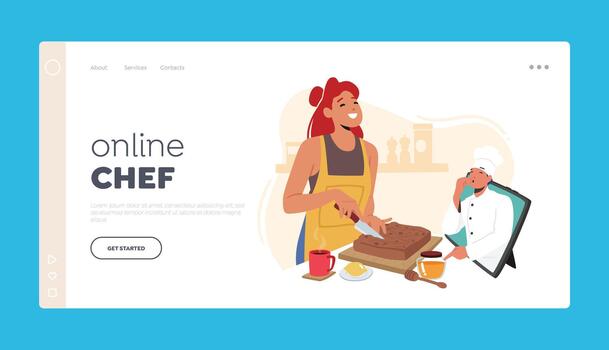 Online Chef Landing Page Template. Female Character Cooking Cake Watching Recipe in, Culinary Tutorials for Housewives vector