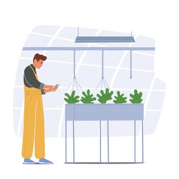 Farmer Character Managing His Greenhouse With Mobile App On Tablet, Iot And Smart Farming Innovative Technology vector